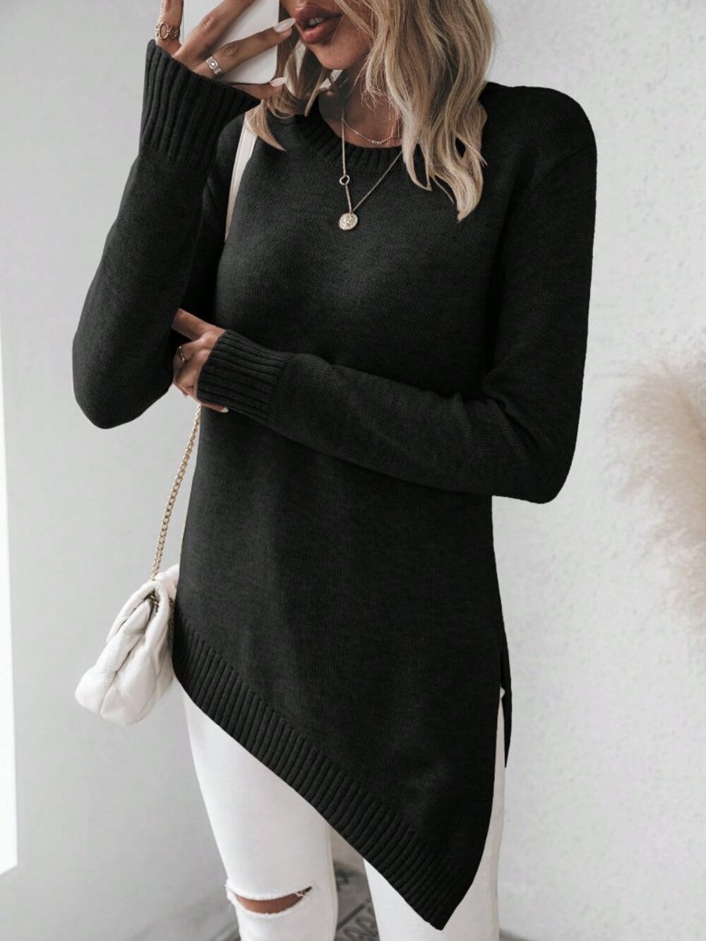 Black Casual Women's Asymmetrical Hem Long Sleeve Pullover Sweater